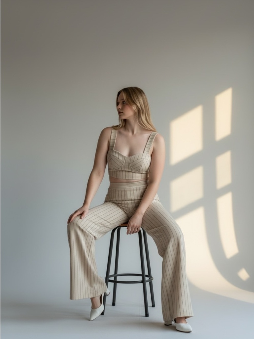 Striped Cream High-Waist Wide-Leg Pants - Picture 4 of 4